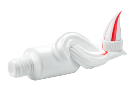 Squished white tube with red & white paste. White background removed shows tube twisted & paste coming out