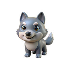 Adorable Cartoon Wolf Cub in 3D Render Standing Isolated on White Background Perfect for Children's Illustrations and Animal Themed Designs, Grey Fur and Playful Expression
