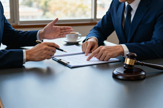 Two business professionals in suits discuss documents with due diligence at desk, legal consultation, gavel and coffee visible