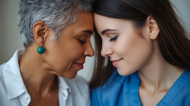 Tender moment between an older woman and a younger woman gently touching foreheads, symbolizing love, empathy, connection, and the bond across generations in caregiving or family relationships - Powered by Adobe