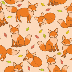 Cheerful Cartoon Fox Pattern Displays Playful Orange Creatures And Colorful Leaves On A Peach