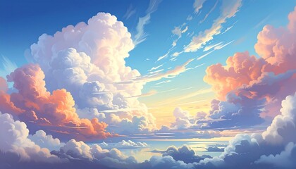 Anime-style illustration of a bright, expansive sky with fluffy clouds