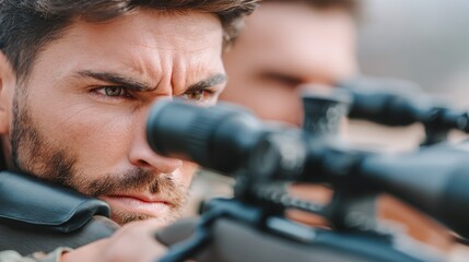 Bearded man in focused stance aiming powerful rifle with unwavering precision and determination ready for action.