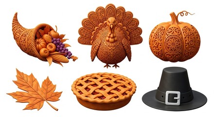 Thanksgiving Icons Collection with Turkey Pie Pumpkin and Cornucopia.