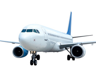 Obraz premium White airplane with blue accents, isolated against a black background, showing landing gear and engine details