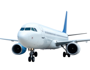 White airplane with blue accents, isolated against a black background, showing landing gear and engine details
