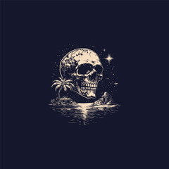 Vintage engraving style illustration of a giant skull floating over a tropical island night scene. Detailed ink sketch featuring palm trees, a hut, ocean, stars, and a mysterious dark atmosphere