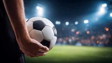 Dedicated male athlete firmly gripping soccer ball preparing for intense match showcasing professionalism and athletic skill.