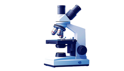 White and blue microscope on a black background, angled to the right, illustrating scientific research and discovery