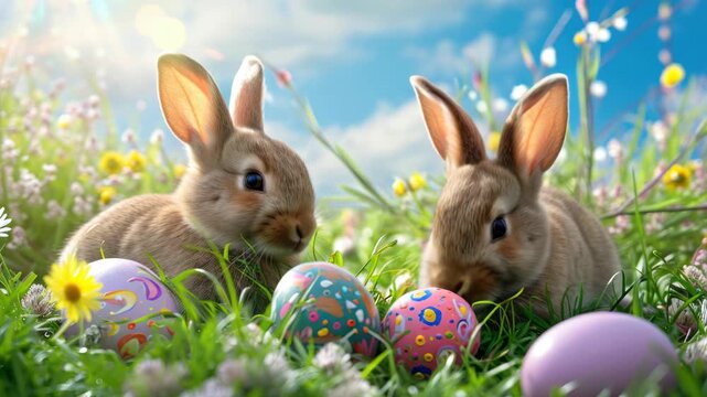 Two cartoon bunnies laying next to colorful Easter eggs in a field of flowers.