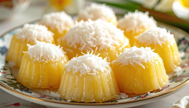 Closeup daylight photo of golden sachima sweet flour blocks topped with white shredded coconut arranged on a decorative plate with red paper accents