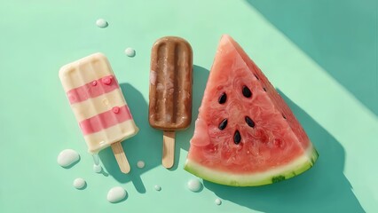 Refreshing summer treats featuring a slice of juicy watermelon and two delicious popsicles on a vibrant turquoise background creating a cool vibe