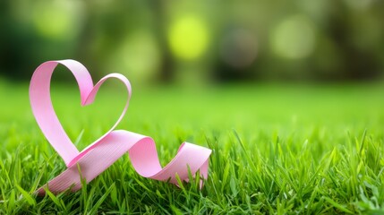 Vibrant pink ribbon symbolically placed in lush green grass promoting hope awareness support health causes and global campaigns in nature.