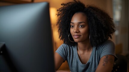 Focused young woman working on a computer at home in the evening, surrounded by warm ambient light and bookshelves, representing concentration, technology, remote work, and modern professional lifesty
