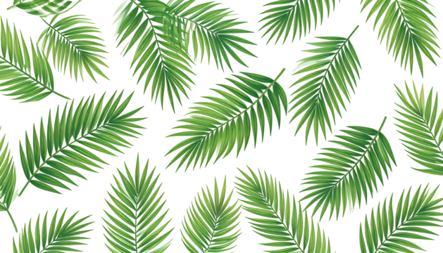 Vivid green palm fronds layered against a stark black background, evoking a tropical vibe