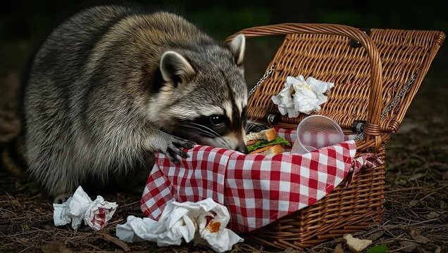 A raccoon raids a picnic basket in the woods at night.