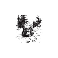 Vintage engraving style illustration of a backpack and bear paw prints on a snowy trail. Detailed ink sketch of a mountain hiking scene with pine trees