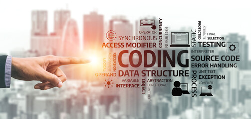 A businessman hand points towards a coding concept filled with terms like data structure and error handling, illustrated against a city skyline backdrop. Tessel