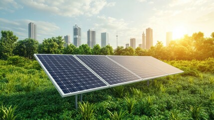 Fototapeta premium Urban Solar Energy Park with Green Trees and City Skyline under Sunlight.