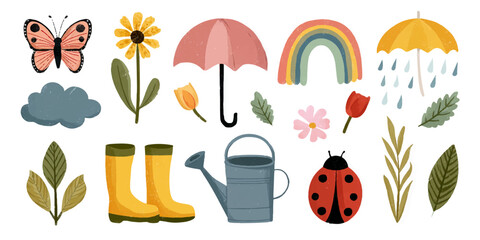 Collection of charming spring and summer icons including a butterfly flowers umbrella rainbow and rain boots © DARK TRUST