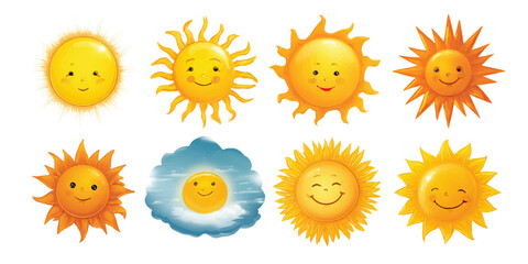 Set of diverse cute cartoon sun characters with various expressions and styles