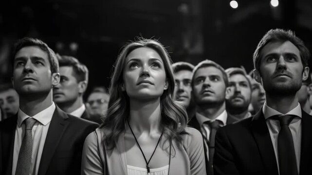 A group of people seated in rows facing an unseen stage or speaker. Their focused expressions suggest they are listening intently to the ongoing performance or presentation.