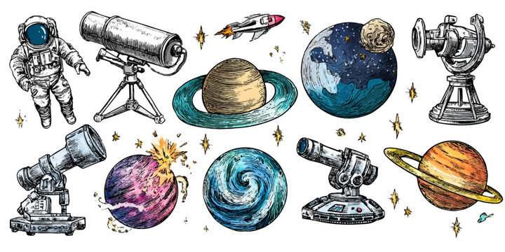 Collection of hand drawn illustrations of space objects planets astronaut telescope and spaceship