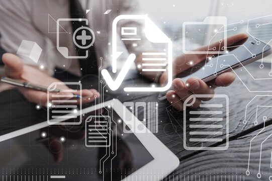 Document management concept. Businessman with file icons