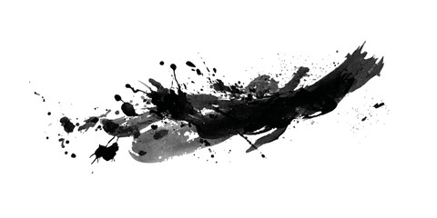 ink brushstroke on white background with visible splashes for watercolor style effect. grunge isolated on white background,	
