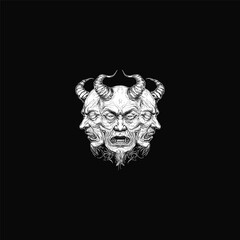 Vintage engraving style illustration of a three-headed horned demon or devil. Detailed dark art vector sketch of a mythological, grotesque figure with intricate ornamental swirls