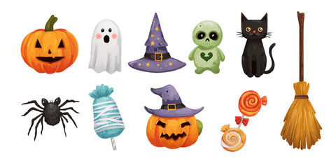 Collection of whimsical halloween icons including pumpkins ghosts witch hat spider cat broom and candy for festive decorations isolated on white background