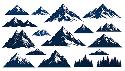 Varied cartoon mountains with snow-capped peaks against a black background
