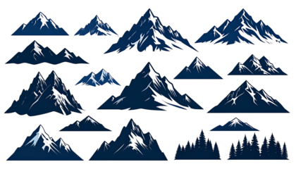 Varied cartoon mountains with snow-capped peaks against a black background
