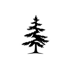Silhouette of a detailed evergreen tree, isolated on a white background.