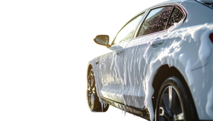 White car is covered with thick, white sudsy foam during washing process against a stark black background