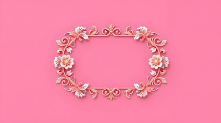 Elegant Floral 3D Frame with Golden Leaves and Pink Flowers – Decorative Border Design for Invitations, Greeting Cards, and Posters