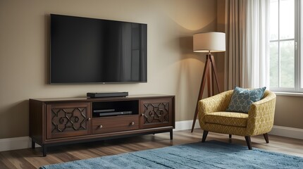 Modern living room setup featuring a large flatscreen tv mounted above a wooden media cabinet, complemented by a stylish armchair with yellow and blue cushions and a tripod lamp.