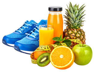 Sneakers, juice, & fruit promote wellness. Blue shoes flank pineapple, juice glass & bottle, orange, kiwi, apple, & tape measure