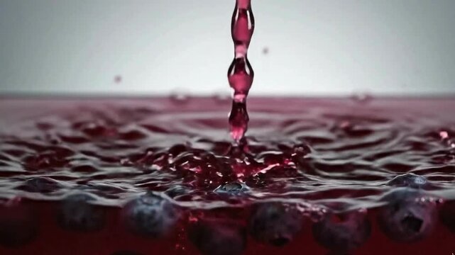 Close-up view of a refreshing blueberry juice pouring into a pool of liquid with floating berries