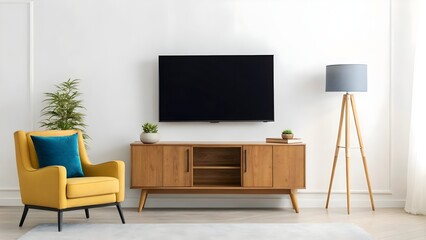 Modern living room setup featuring a large flatscreen tv mounted above a wooden media cabinet, complemented by a stylish armchair with yellow and blue cushions and a tripod lamp.