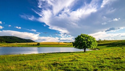 Obraz premium Single tree near to a lake and lot of grass around and beautiful clouds