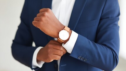 Professional man dressed in elegant blue suit and crisp white shirt portrait posing for business success.