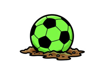 Green soccer ball with mud isolated on transparent background after the match