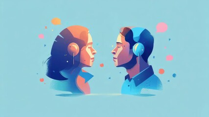 d  featuring two individuals engaged in conversation. One person wears headphones, suggesting a modern or technologically-themed setting.