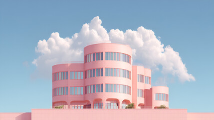 Pink cylindrical building against blue sky and clouds