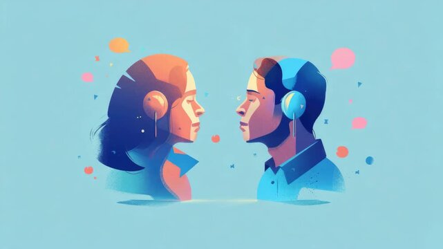 d  featuring two individuals engaged in conversation. One person wears headphones, suggesting a modern or technologically-themed setting.