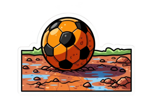 Orange soccer ball covered in mud on a field isolated on transparent background