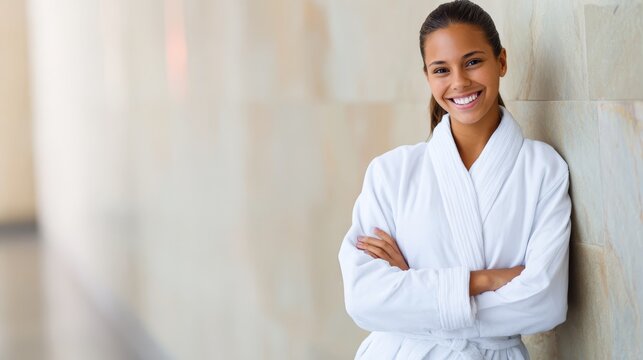 Serene woman flowing white robe leaning against textured wall peaceful elegant figure.