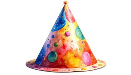 Watercolor illustration of a colorful, polka-dotted party hat with a pom-pom on a black background