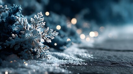 Soft glowing blue winter background with snowflake bokeh and gradient tone, elegant abstract layout featuring central blank area for text, title or seasonal product presentation.